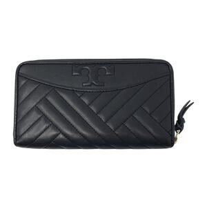 Tory Burch Alexa Zip Around Continental Leather Wallet Geometric Quilted Black